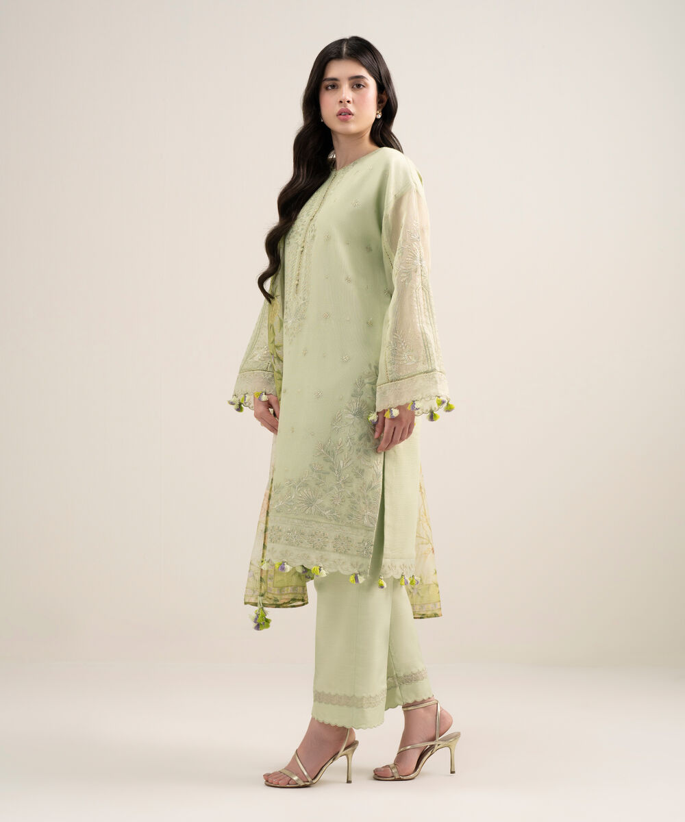 Women's Unstitched Blended Viscose Khaddi Net Embroidered Green 3 Piece Suit