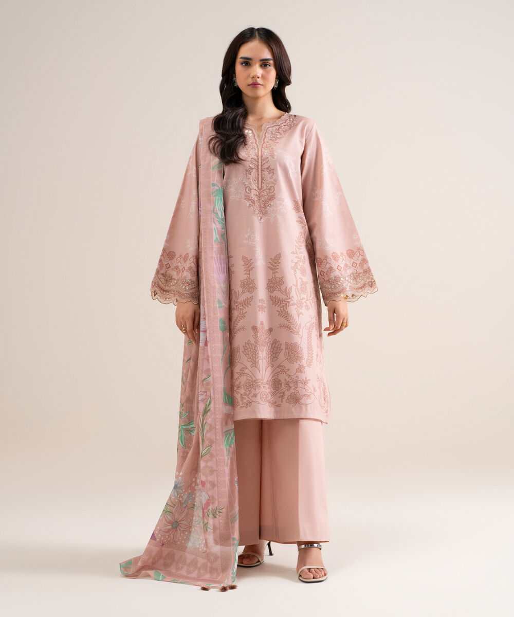 Women's Unstitched Embroidered Cotton Tea Pink 3 Piece Suit
