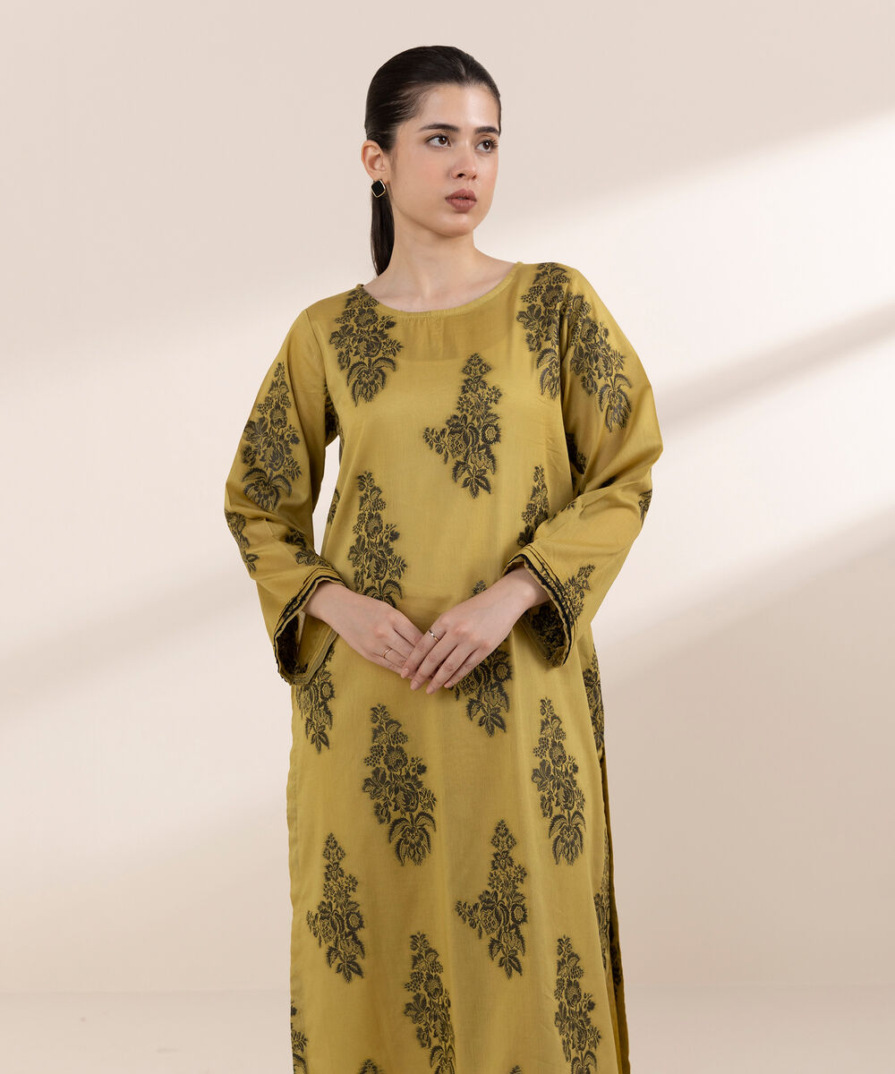 Women's RTW Extra Weft Jacquard Yellow Solid A-Line Shirt