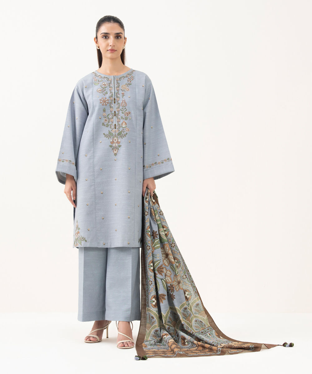 Women's Unstitched Khaddar Embroidered Blue 3 Piece Suit