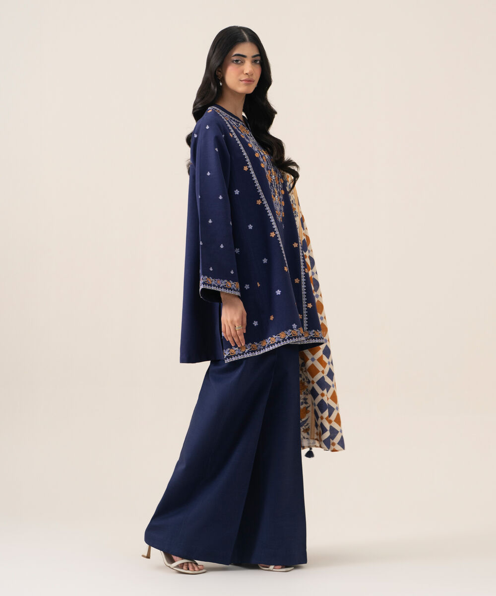 Women's Unstitched Basic Khaddar Embroidered Blue 3 Piece Suit