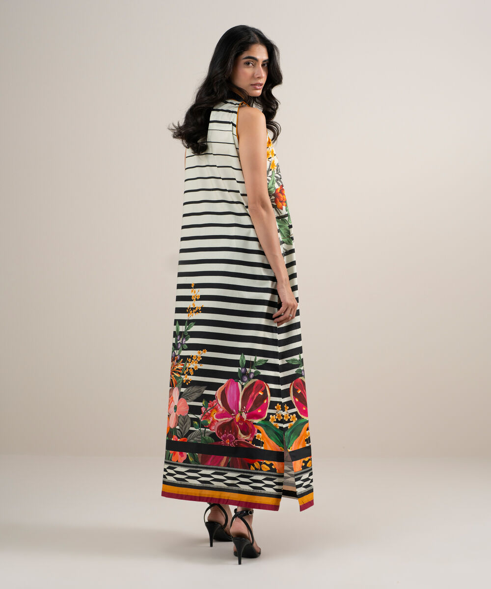 Women's Unstitched Lawn Printed White and  Black 2 Piece Suit