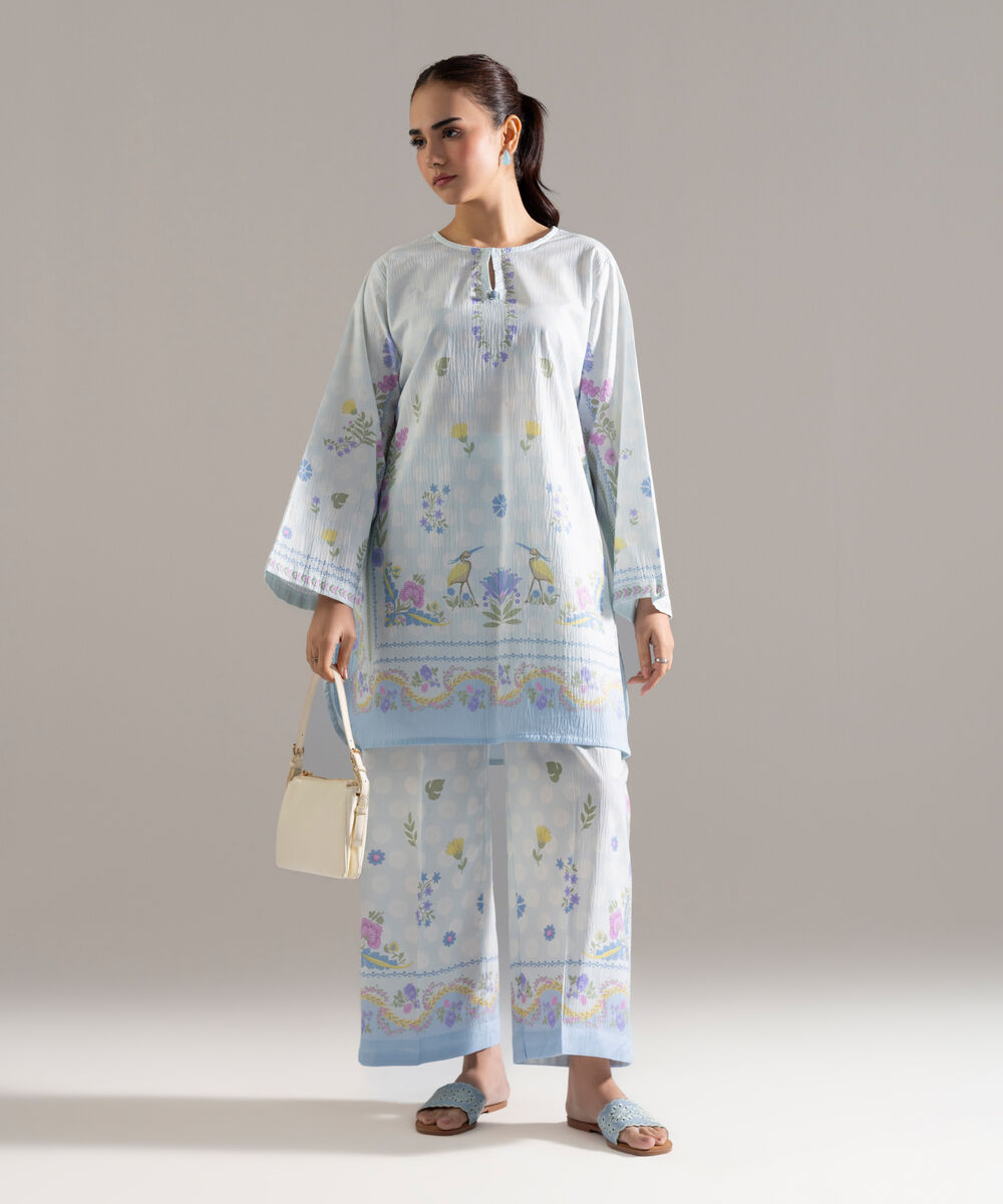 Women's RTW Seersucker Printed Ice Blue 2 Piece Suit