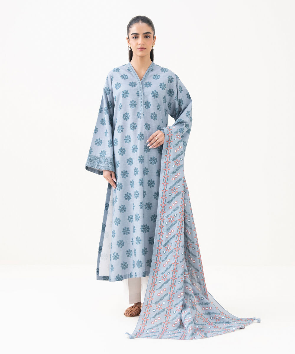 Women's Unstitched Khaddar Printed Grey 2 Piece Suit