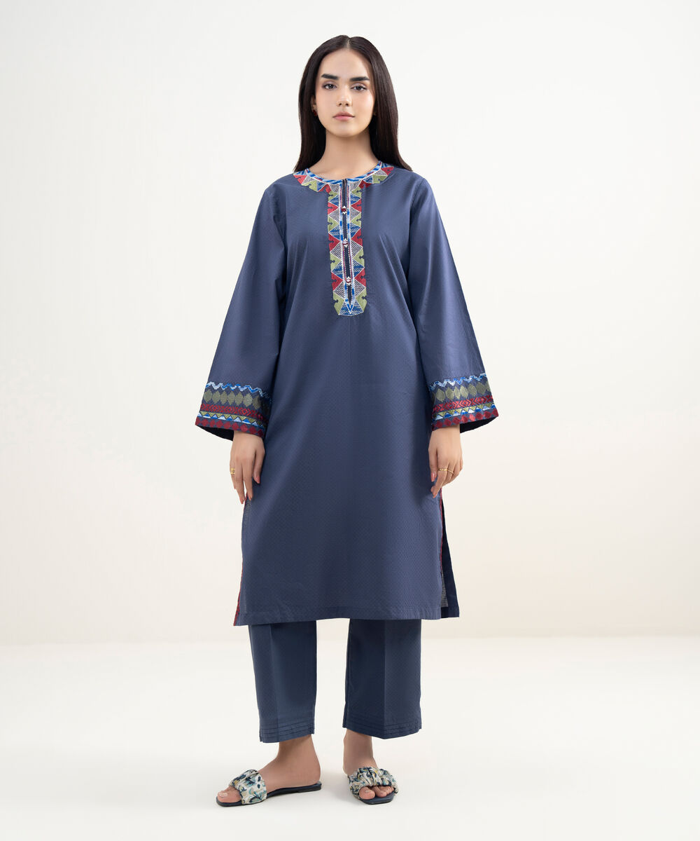 Women's RTW Dobby Embroidered Blue Straight Shirt