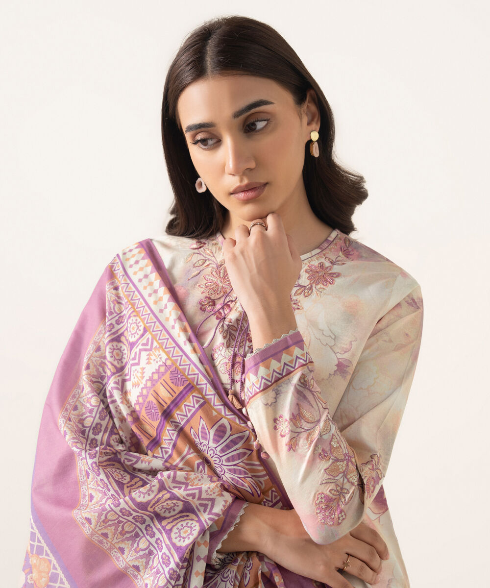 Women's Unstitched Textured Lawn Embroidered Multi 3 Piece Suit