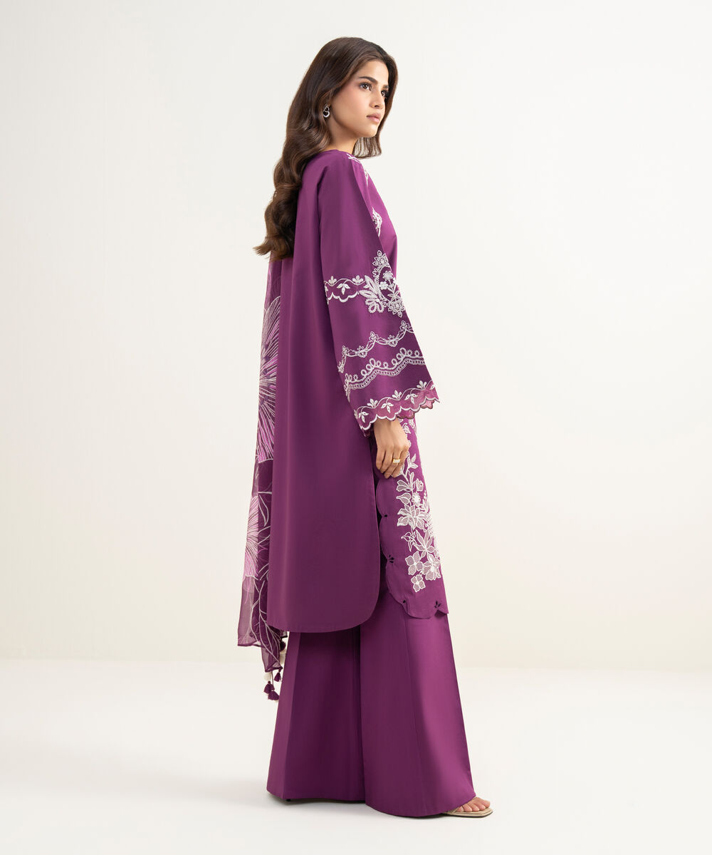 Women's Unstitched Textured Lawn Embroidered Purple 3 Piece Suit