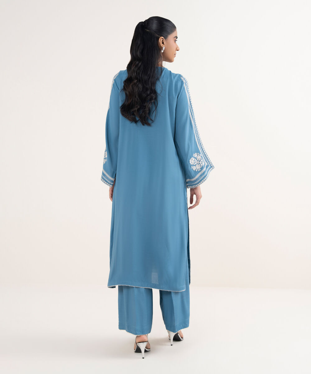 Women's RTW Viscose Raw Silk Embroidered A-Line Blue Shirt