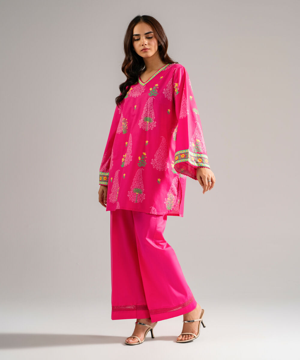 Women's RTW Slub Lawn Printed Pink Straight Shirt