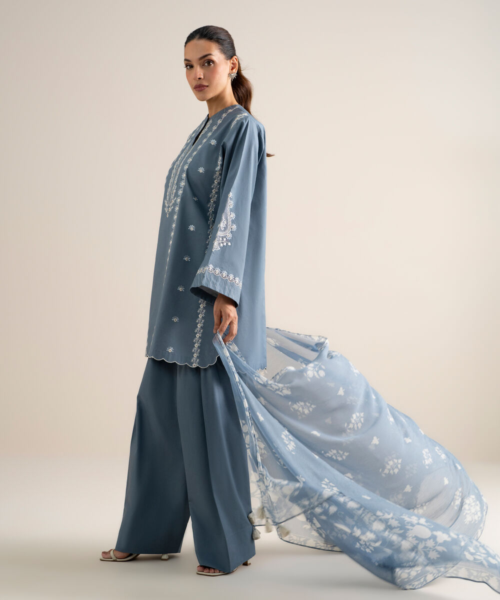 Women's Unstitched Lawn Embroidered Blue  3 Piece Suit