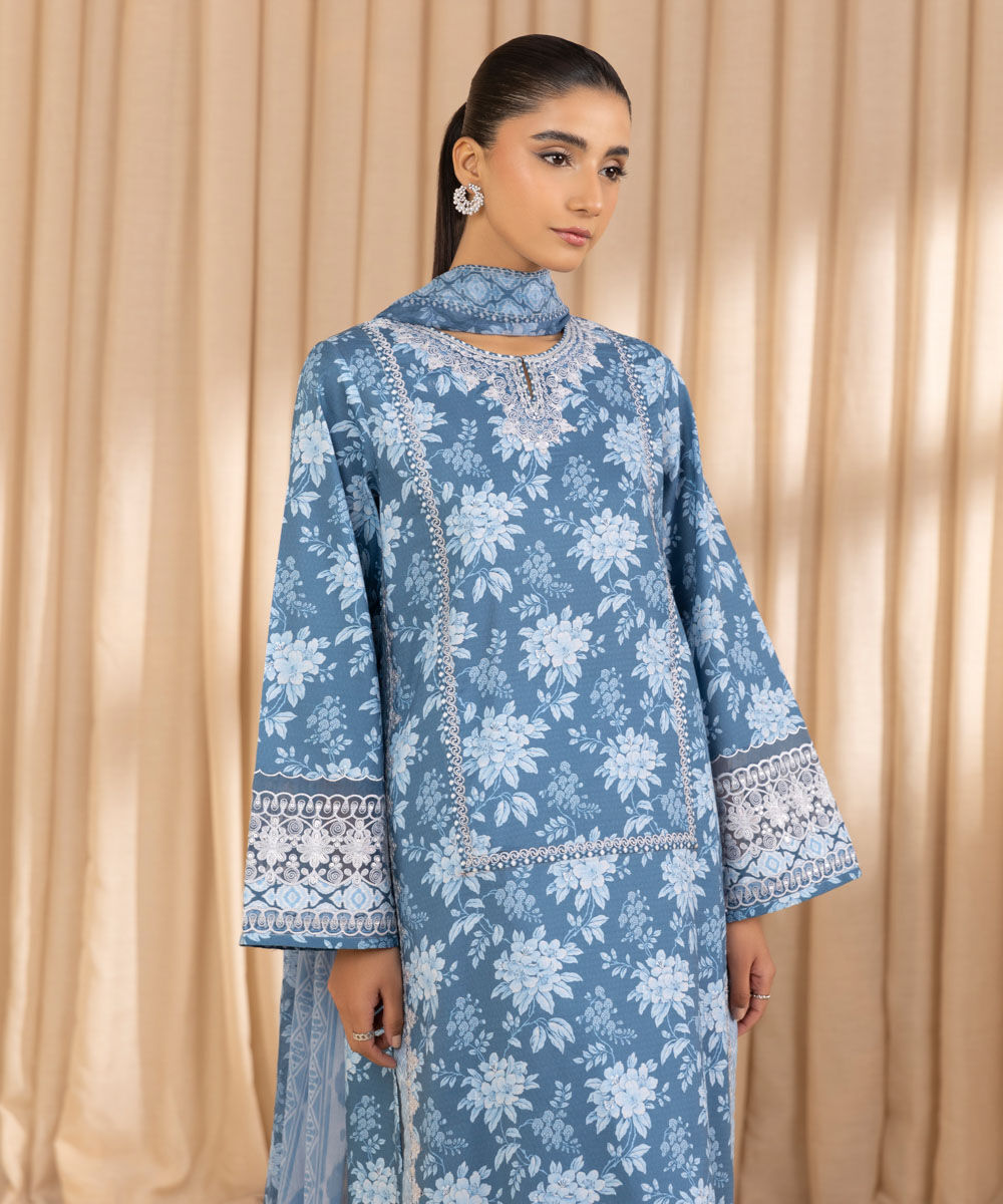 Unstitched Women's Embroidered Dobby Blue Three Piece Suit