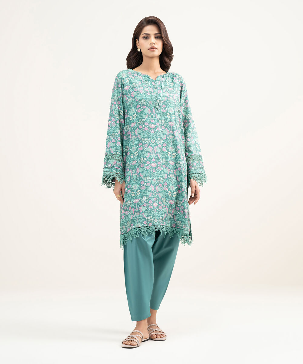 Women's RTW Arabic Lawn Printed Green Straight Shirt