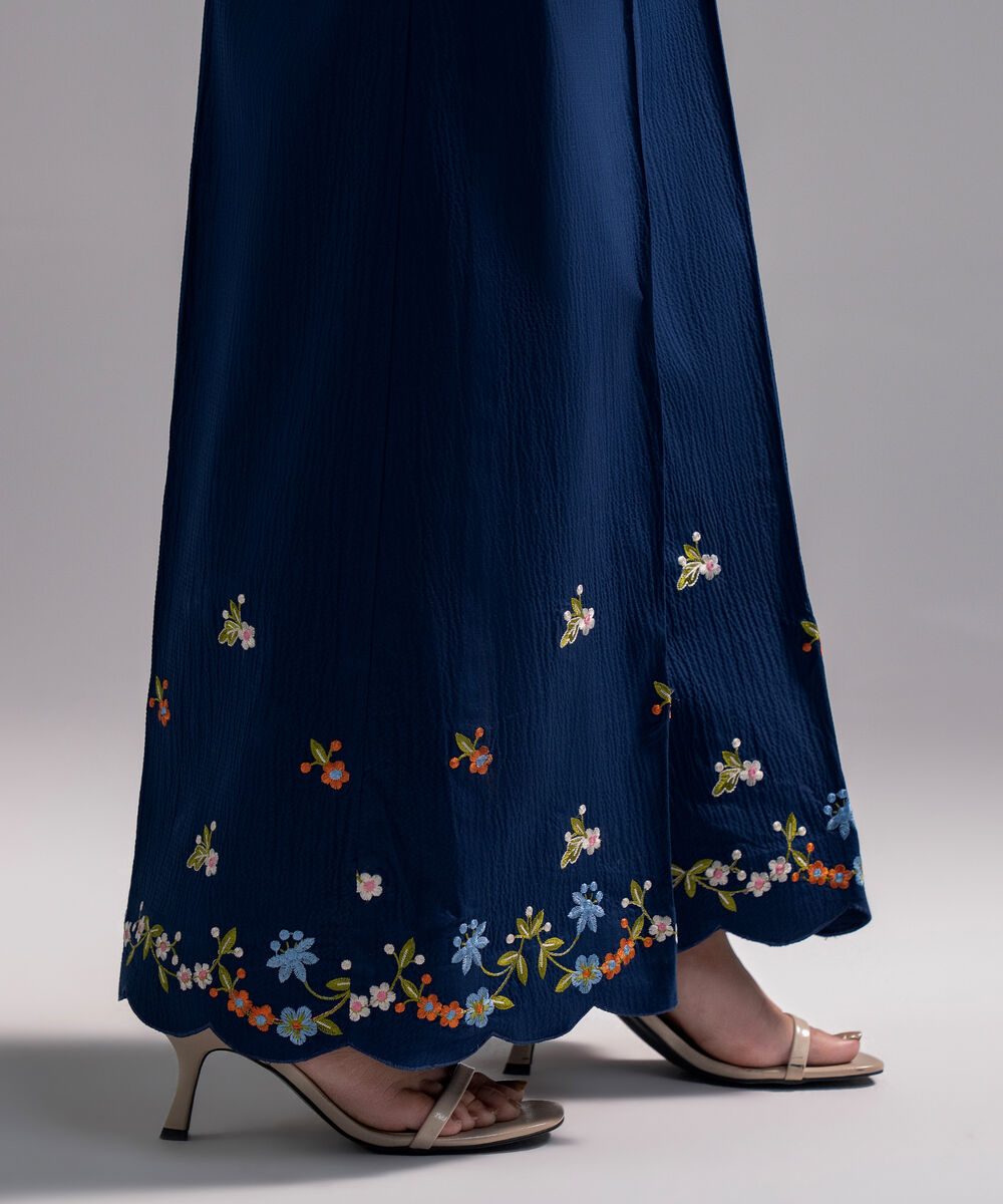 Women's RTW Seersucker Embroidered Dark Blue Flared Pants