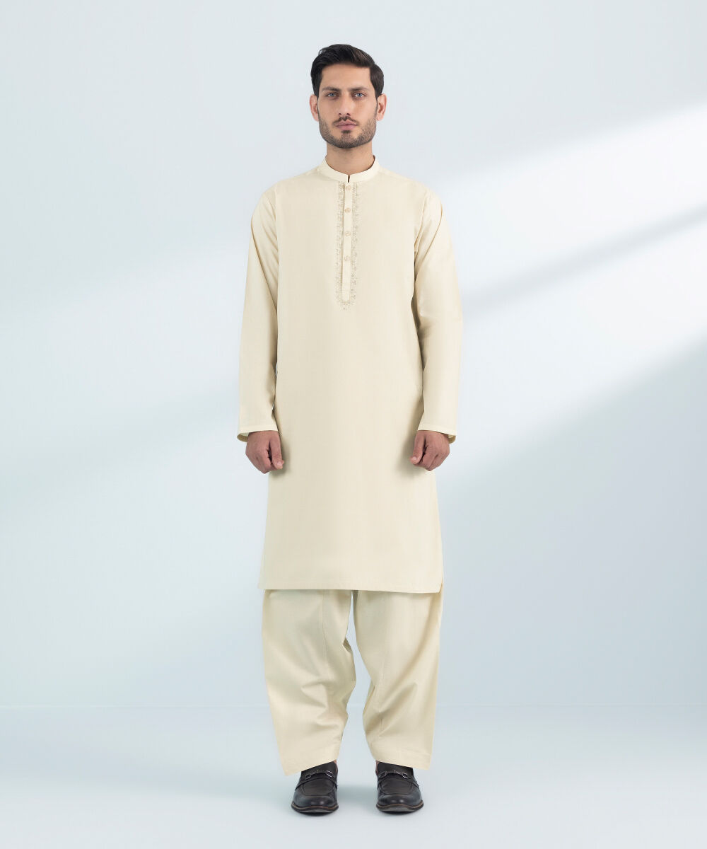 Men's Stitched Beige Cotton 2 PC Suit