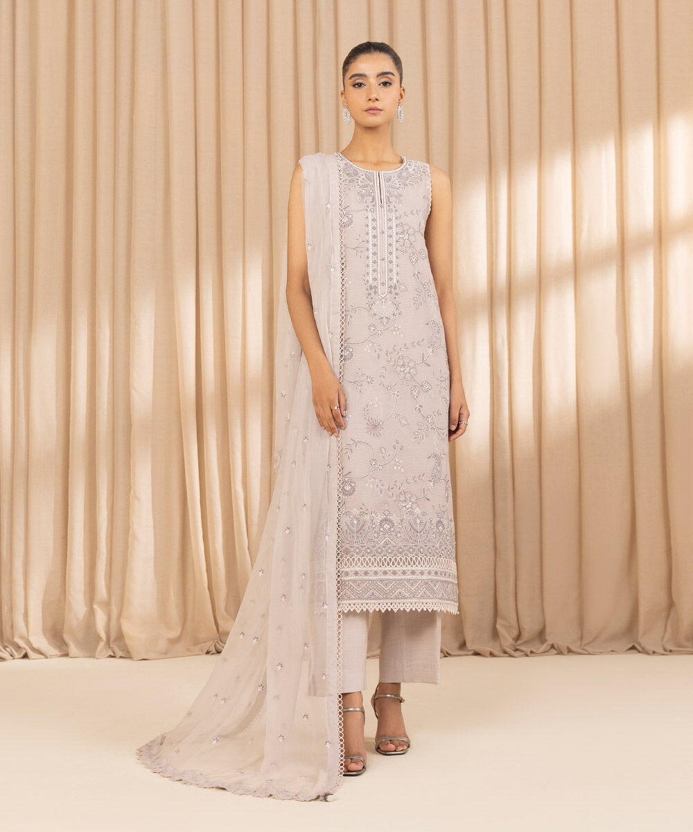 Unstitched Women's Embroidered Blended Khaddi Net Beige Three Piece Suit