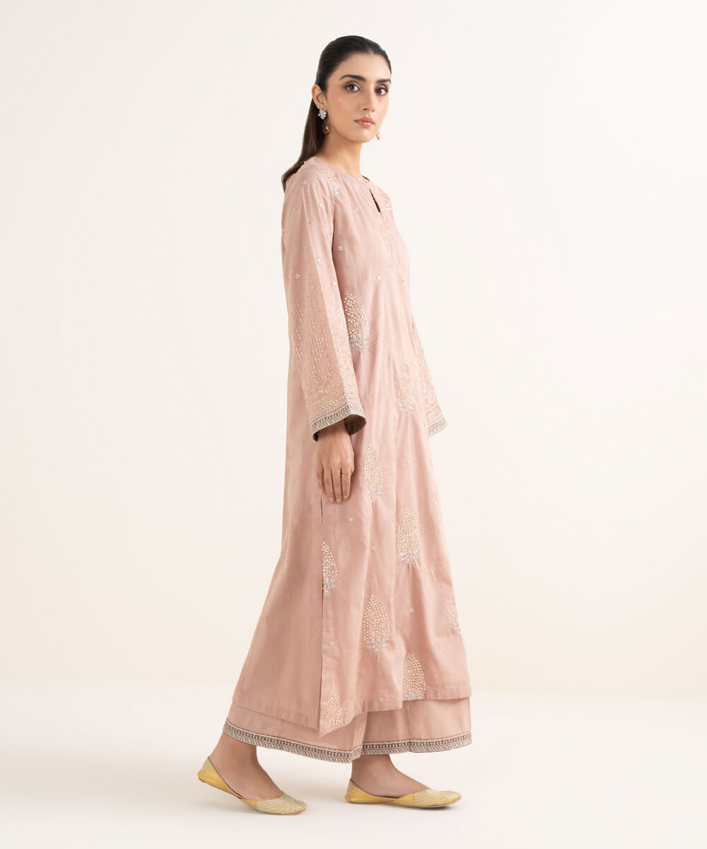 Women's RTW Self Jacquard Leno Embroidered Dusty Pink Straight Shirt