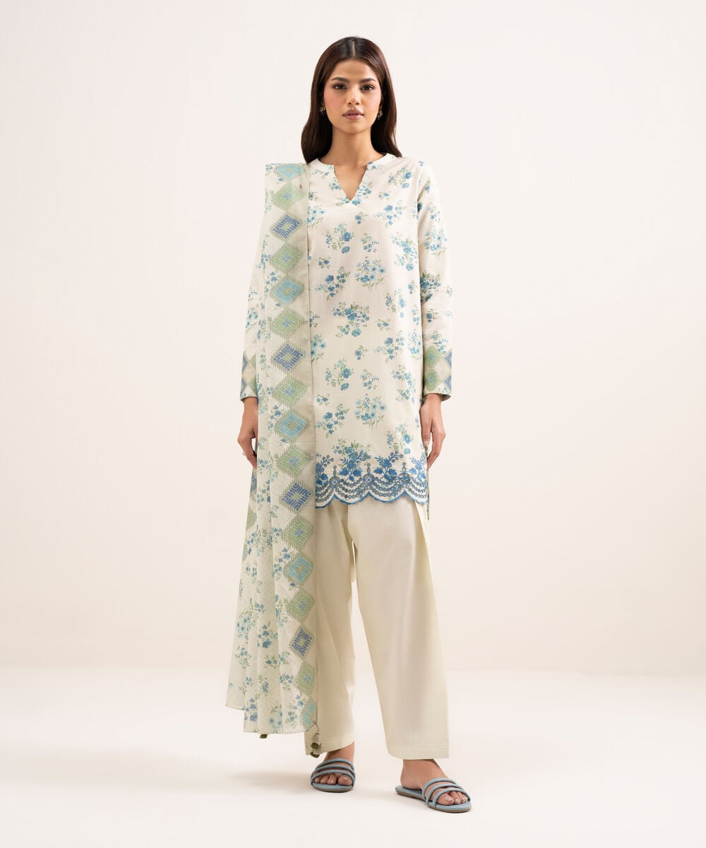 Women's Unstitched Lawn Embroidered Blue 3 Piece Suit