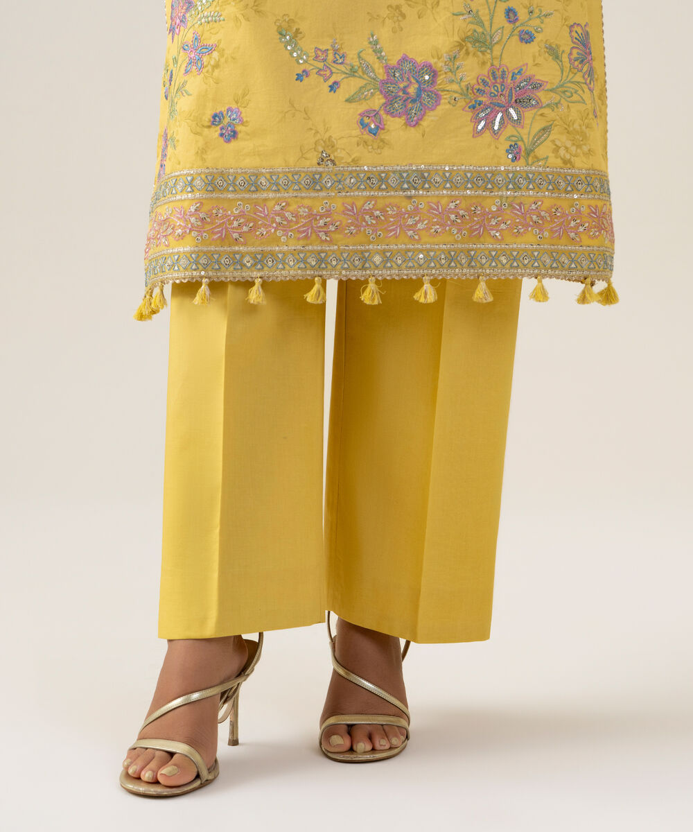 Women's Unstitched Blended Chiffon Embroidered Yellow 3 Piece Suit