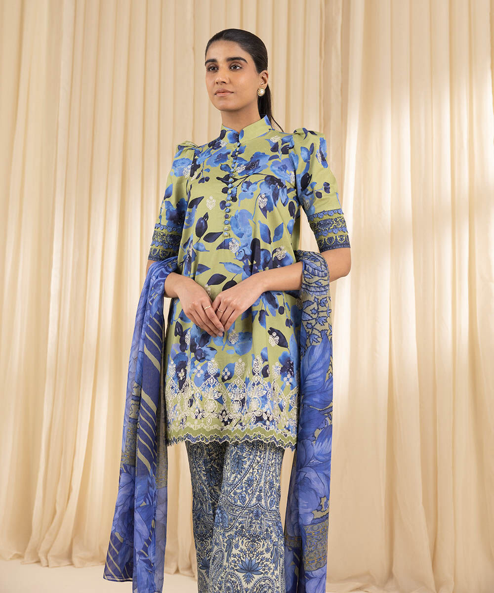 Unstitched Women's Embroidered Lawn Blue Three Piece Suit