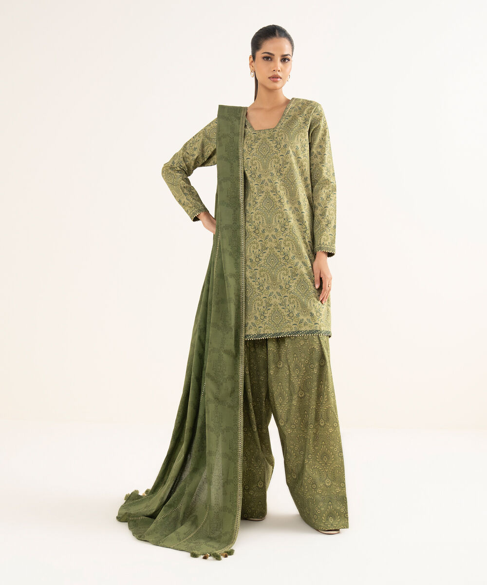 Women's Unstitched Cross Hatch Embroidered Green 3 Piece Suit