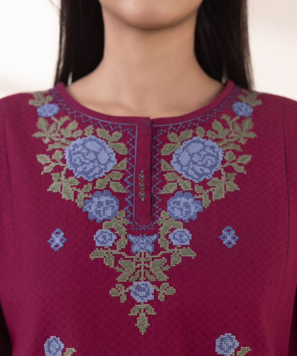 Women's Unstitched Red Dobby 3 Piece Suit