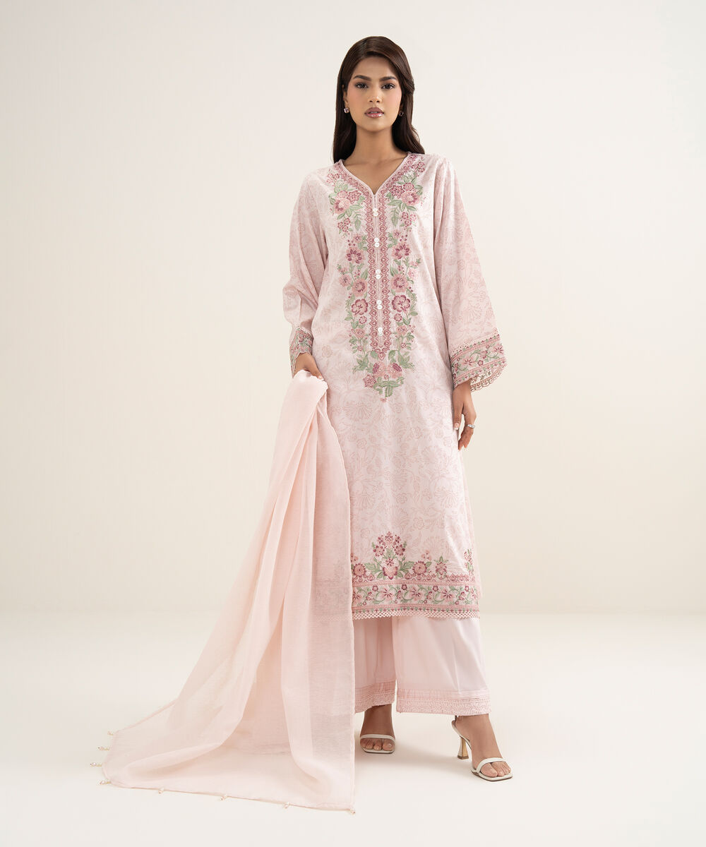 Women's RTW Premium Cotton Satin Embroidered Pink A-Line Shirt