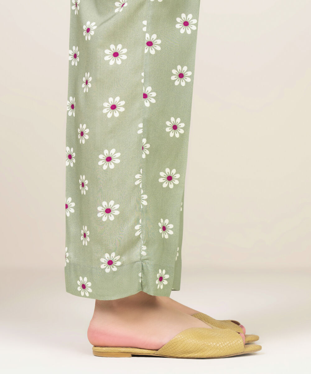 Women's RTW Viscose Linen Printed Olive Green Straight Pants