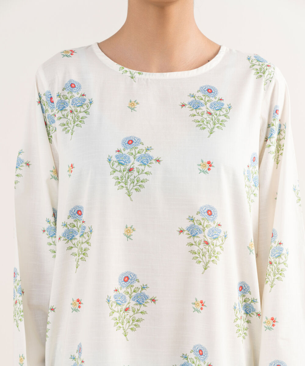 Women's RTW Textured Lawn Off White Printed A-Line Shirt