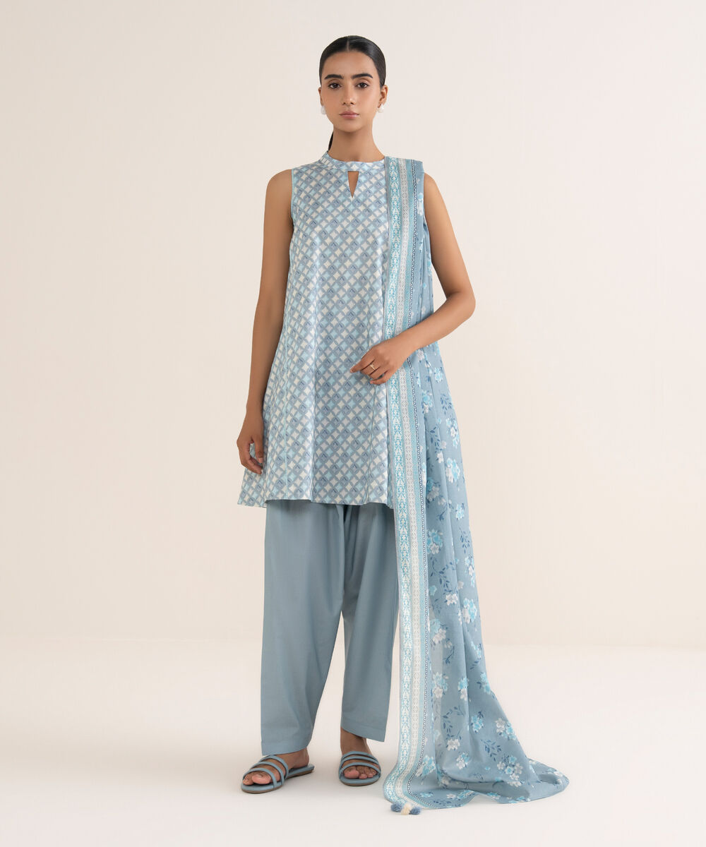 Women's Unstitched Lawn Printed Blue 3 Piece Suit