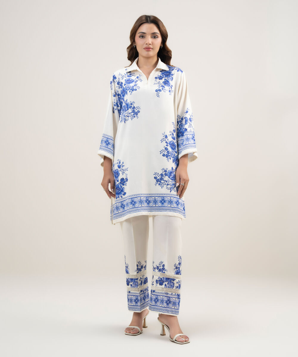 Women's RTW Dobby Printed Cream White 2 Piece Suit