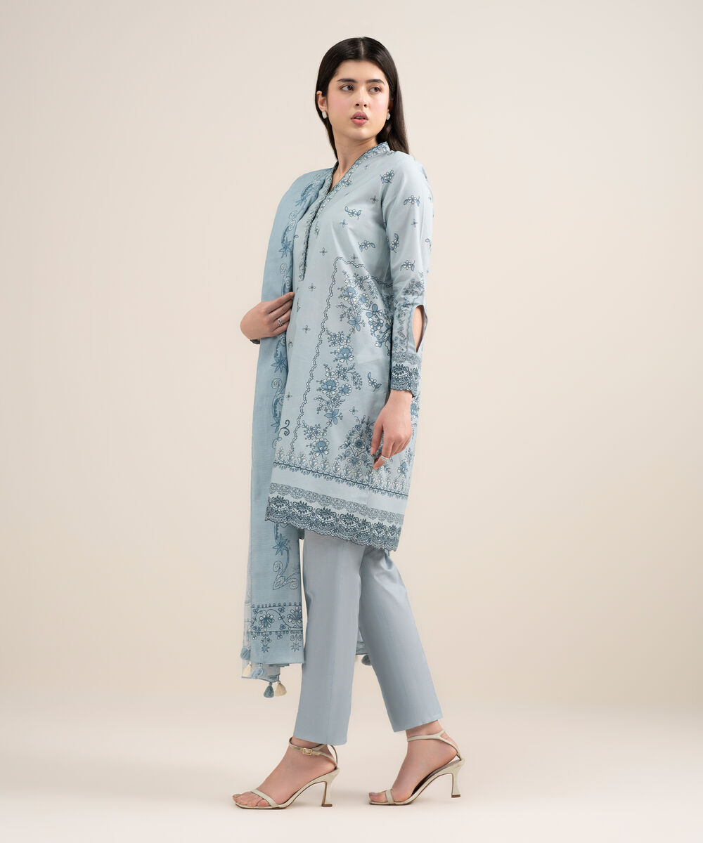 Women's Unstitched Lawn Printed Blue 3 Piece Suit