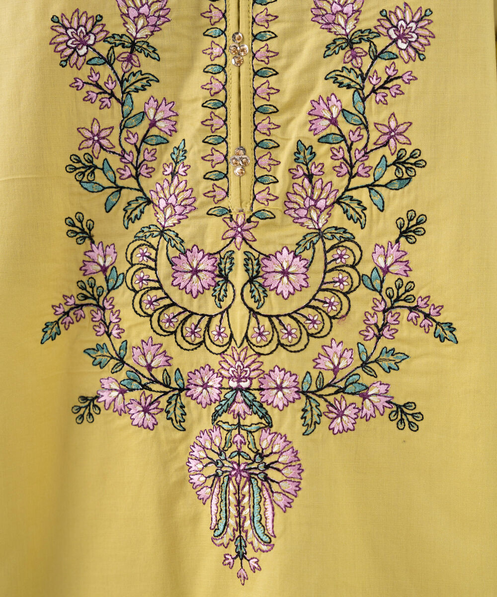 Women's RTW Cotton Embroidered Yellow 2 Piece Suit