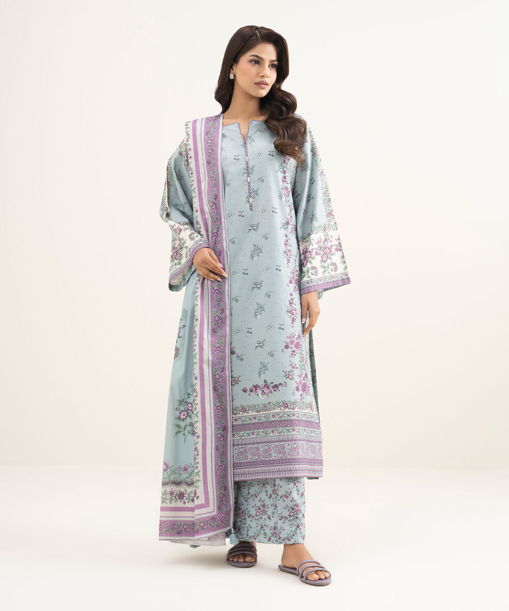 Women's Unstitched Zari Lawn Printed Blue 3 Piece Suit