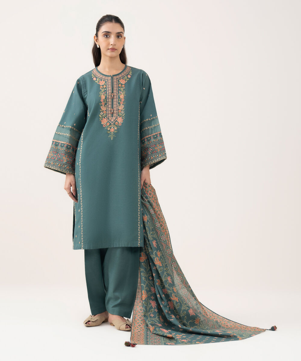Women's Unstitched Light Khaddar Embroidered Green 3 Piece Suit