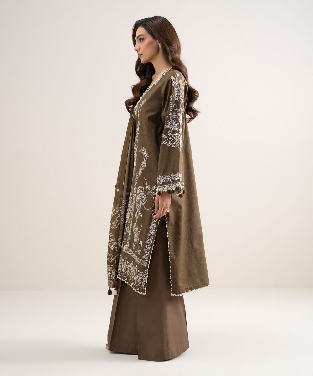 Women's Unstitched Lawn Embroidered Brown 3 Piece Suit