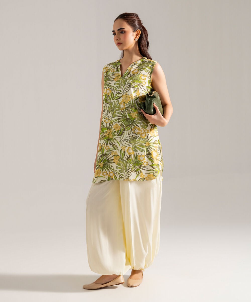 Women's RTW Printed Green Viscose Linen 2 Piece Suit