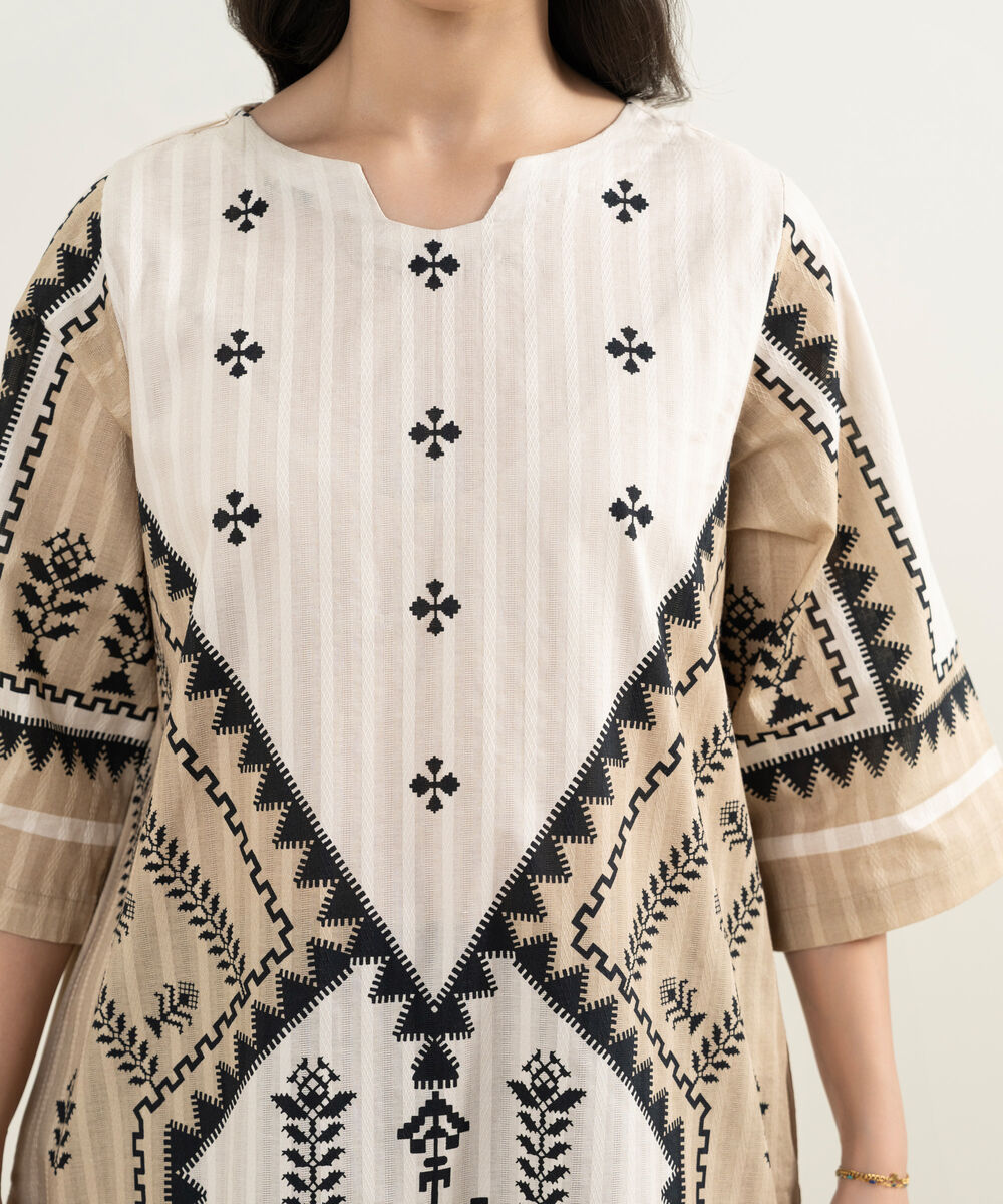 Women's RTW Textured Cotton Printed Beige A-Line Shirt