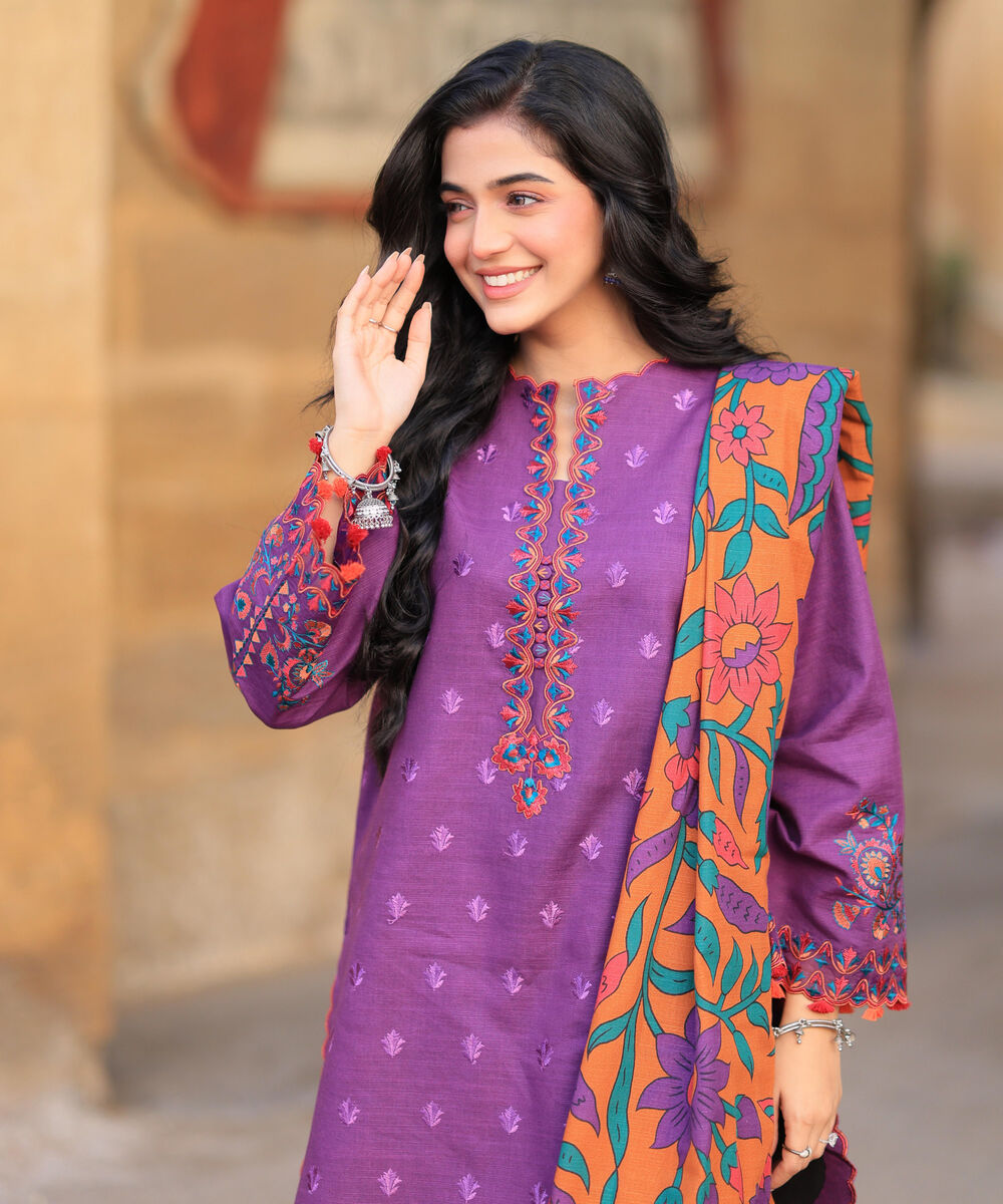 Women's Unstitched Cotton Embroidered Purple 3 Piece Suit