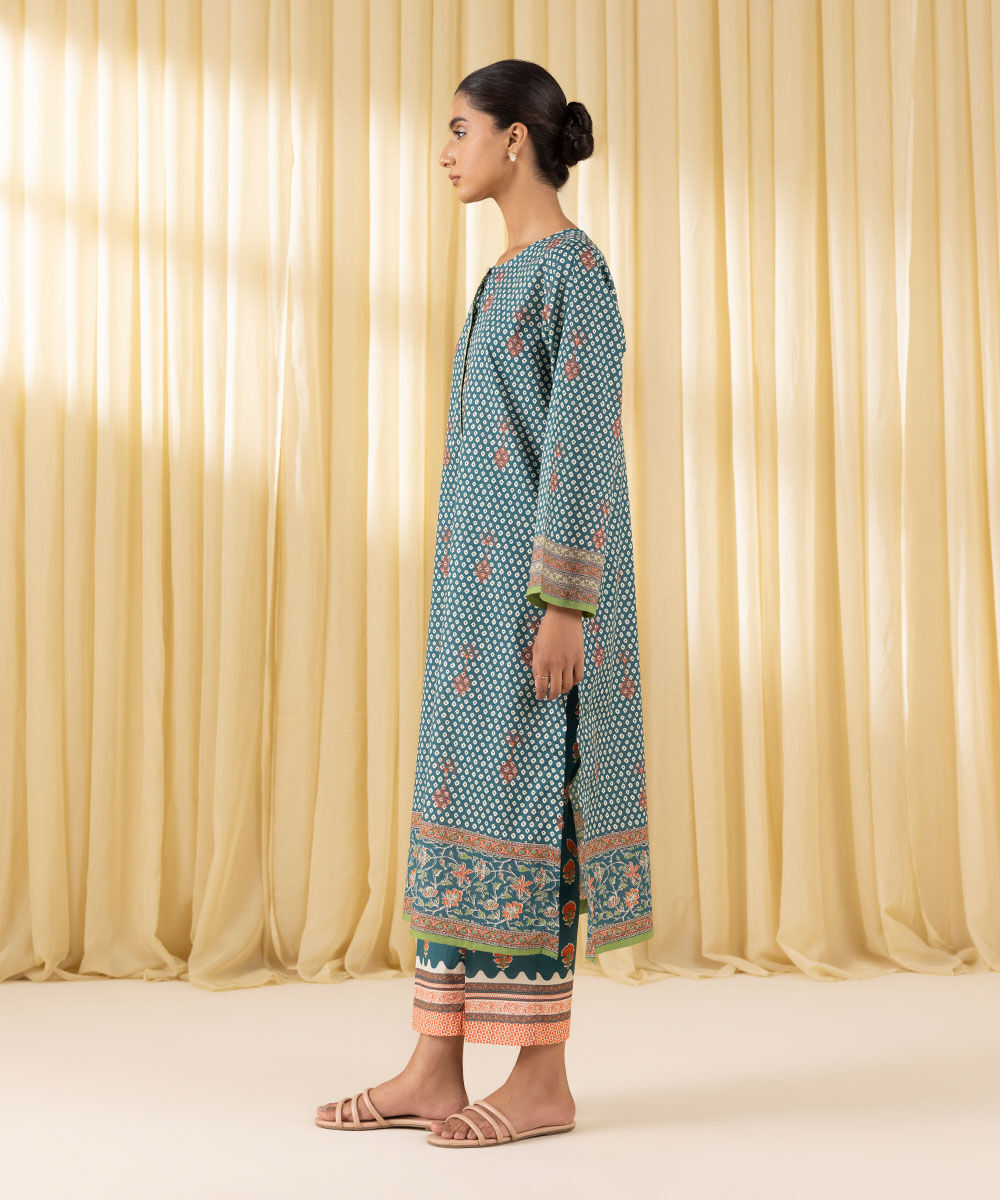 Women's Pret Yarn Dyed Blue Printed A-Line Shirt