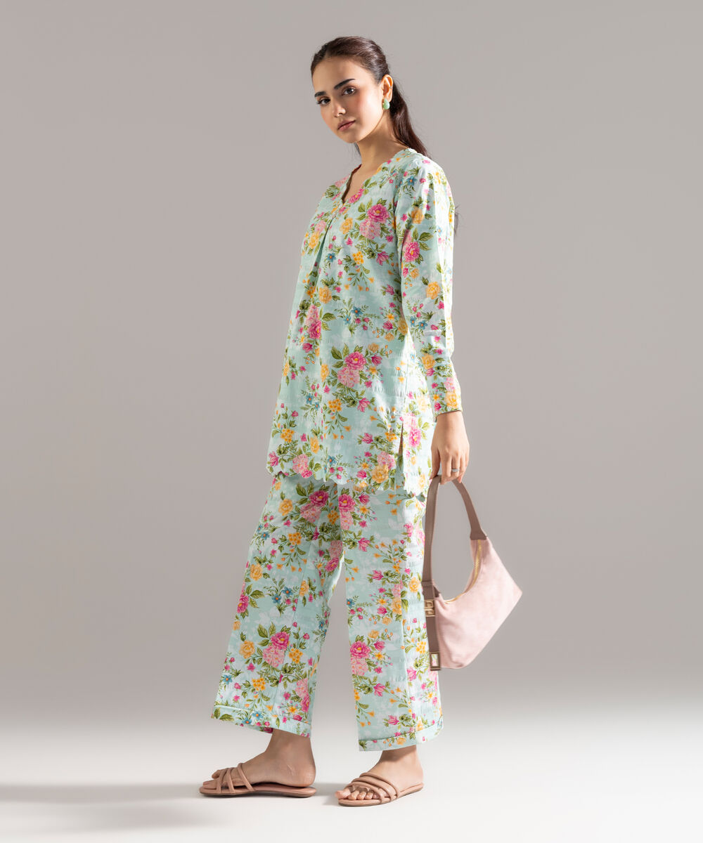 Women's RTW Seersucker Printed Turquoise Straight Shirt