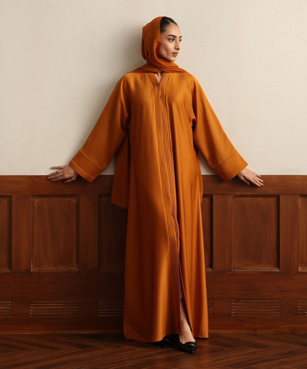 Women's Burnt Orange Pleated Button Through Abaya Set