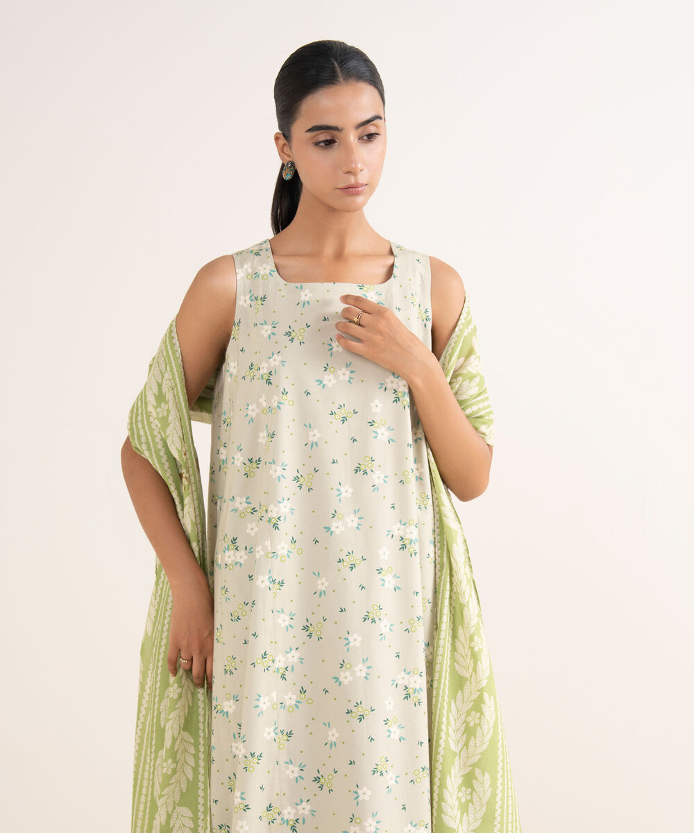 Women's Unstitched Cotton Printed Beige 3 Piece Suit