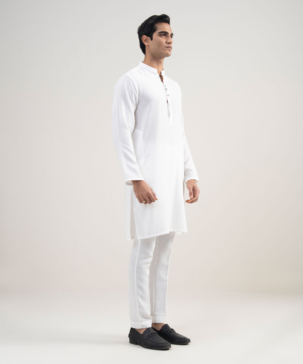 Men's Stitched Blended Linen White Suit