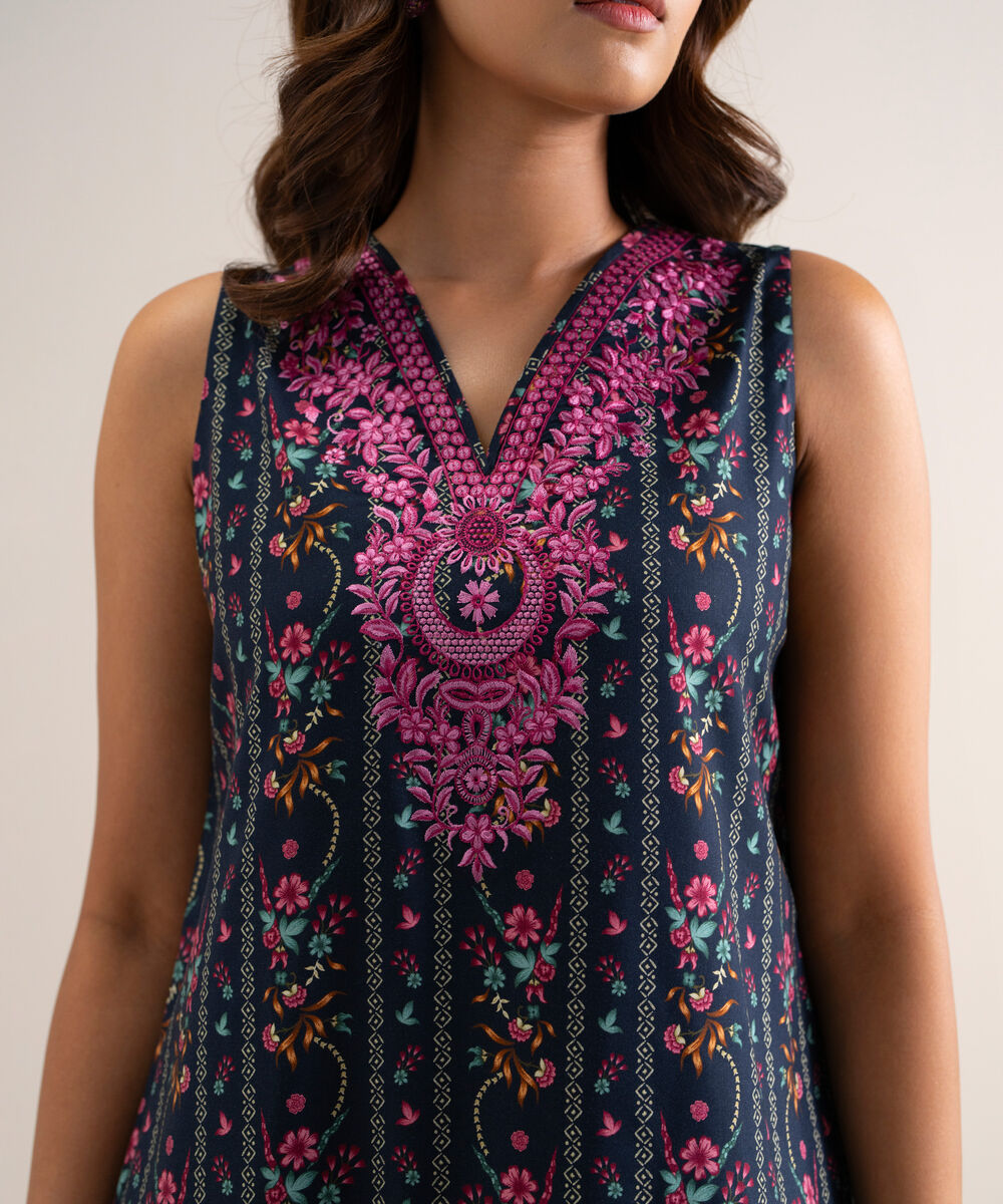 Women's Unstitched Printed Cotton Viscose Blue 3 Piece Suit