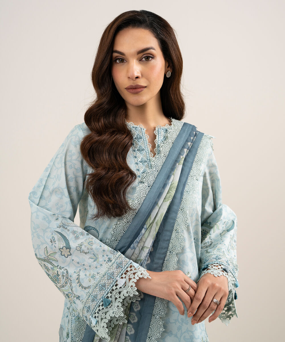 Women's Unstitched Lawn Embroidered Blue