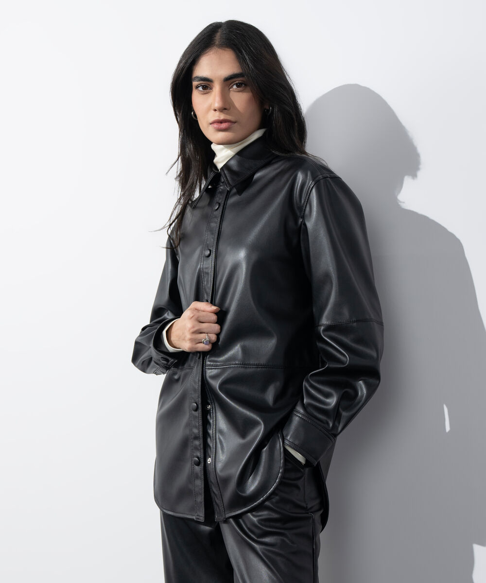 Women's Western Wear Black Loose-Fit Faux Leather Shirt