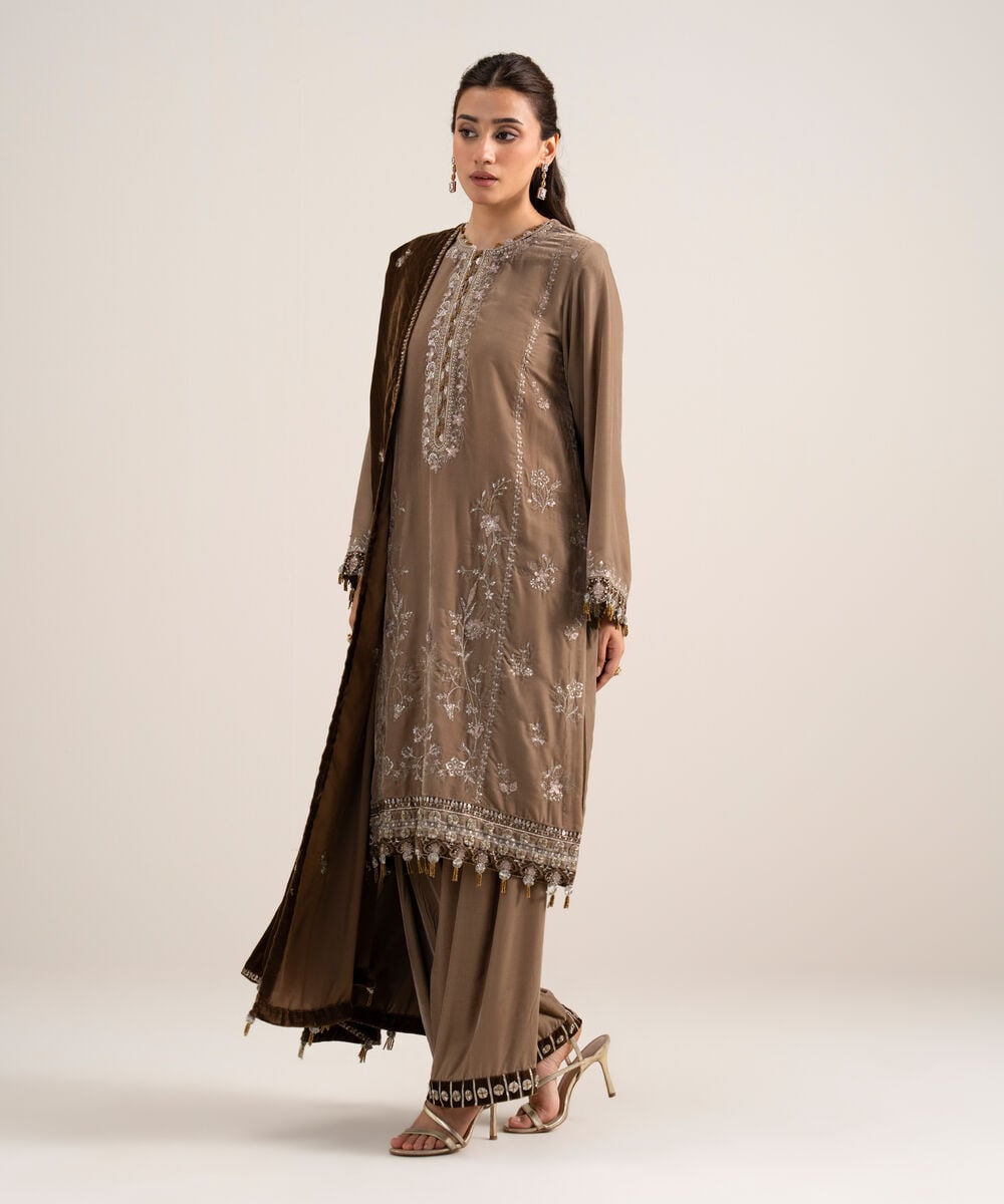 Women's Unstitched Embroidered Velvet Beige 3 Piece Suit