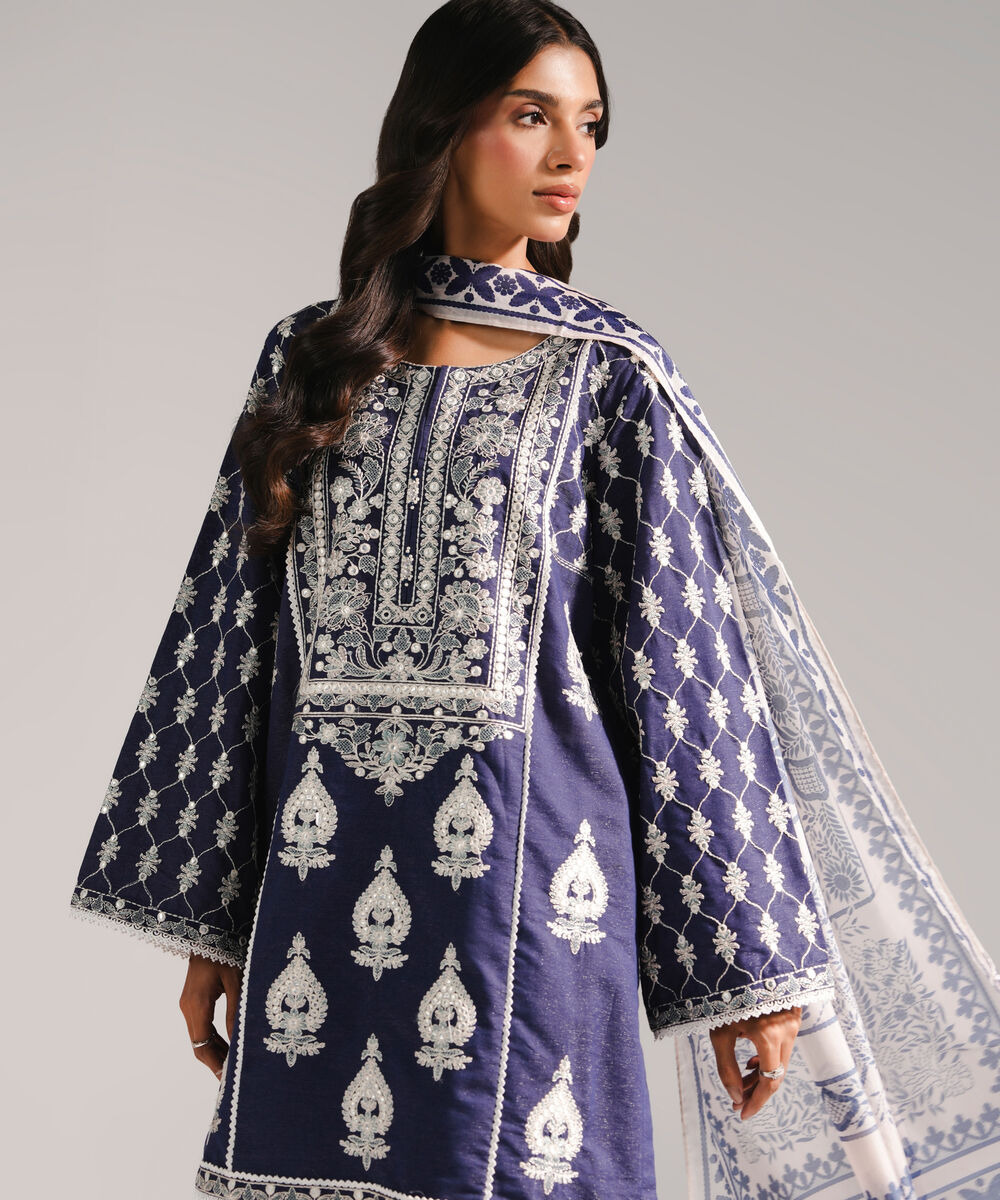Women's RTW Fancy Cotton Embroidered Dark Blue 3 Piece Suit
