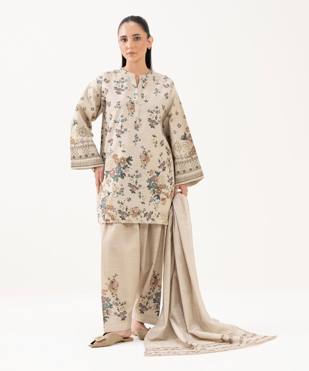 Women's Unstitched Khaddar Printed Beige 3 Piece Suit
