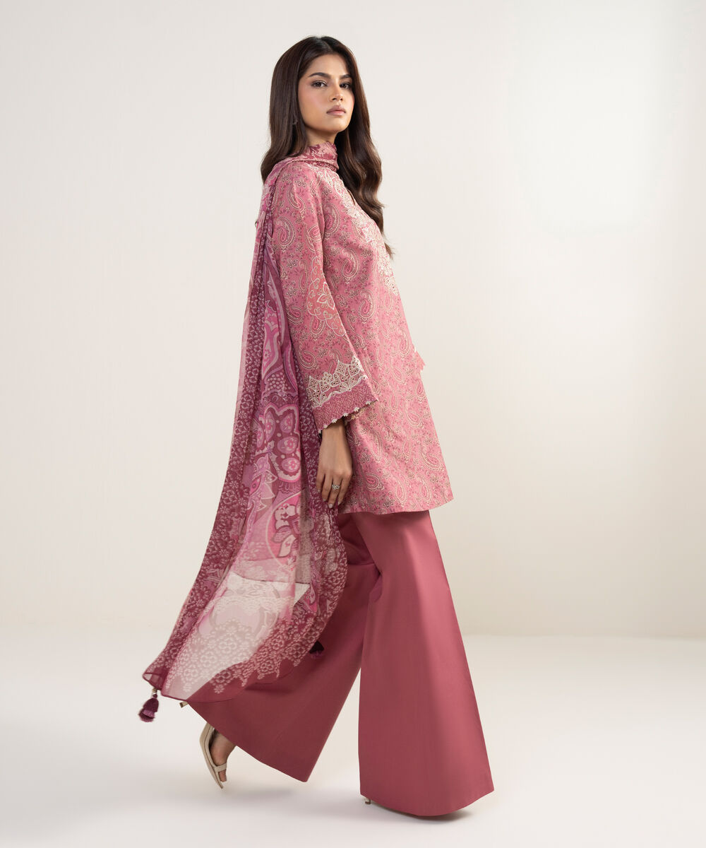 Women's Unstitched Zari Lawn Embroidered Red 3 Piece Suit